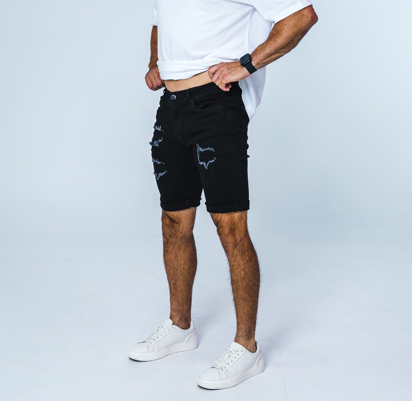 Black Fitted Ripped Jean Short